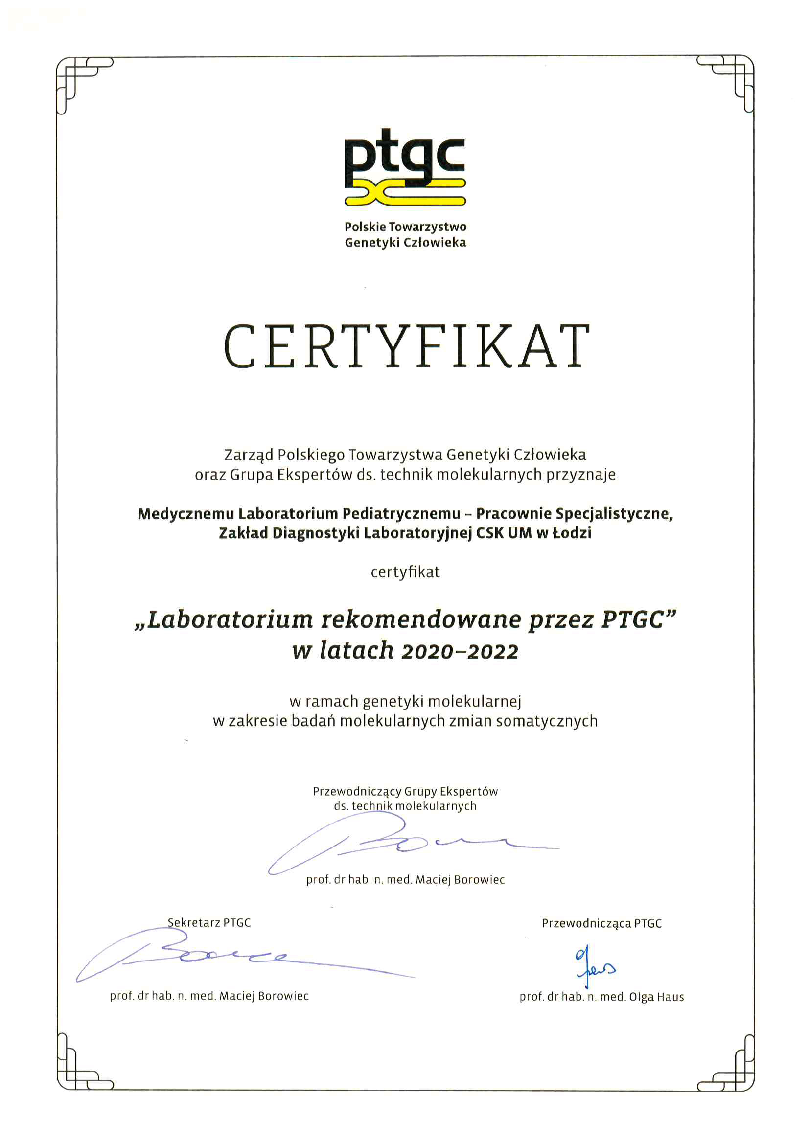 certyfikat "Laborolatorium rekomendowane przez PTGC"