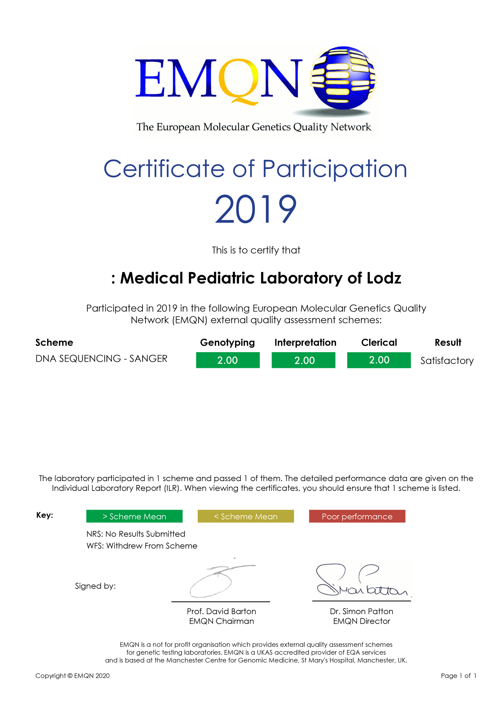 certyfikat "Medical Pediatric Laboratory of Łódź
